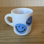 Vintage MCM Milk Glass Mug W/ Blue Smiley Face