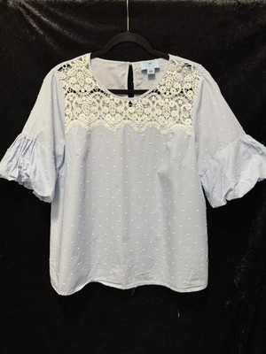 CeCe Women s Blue Striped Polka Dot Lace Yoke Blouse Sz L Puff Sleeves Button