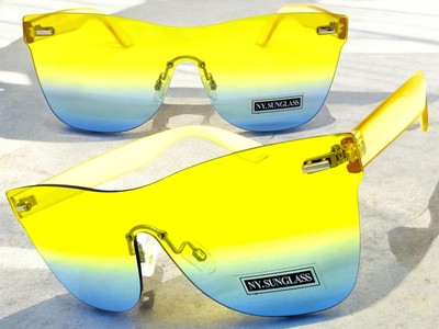 NYS Eyewear Moderne Retro Shield Party Raver Sonnenbrille Rahmenlos Gelb Blau