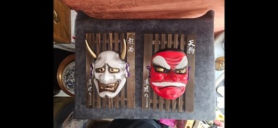 Vintage Japanese Tengu Oni Mask Lot Daruma Wall Mask & Fan Folk Art Lot