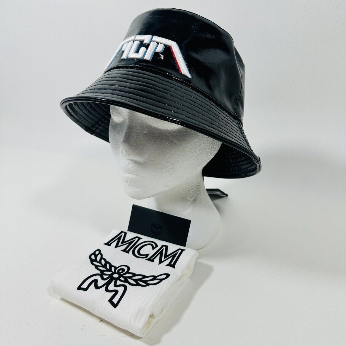 MCM Meta Cyberpunk Logo Embroidery Bucket Hat In Glossy Black NWT