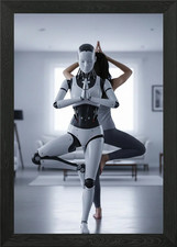 Humanoid Robot and Woman Praticing  Framed Wall Art Poster Canvas Print Picture