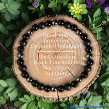 Triple Protection Gem Black Tourmaline Onyx Obsidian Stretch Bracelet 6mm