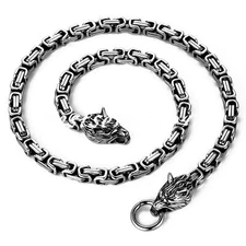 Mens Stainless Steel Wolf Head Norse Viking King Byzantine Chain Necklace 25"