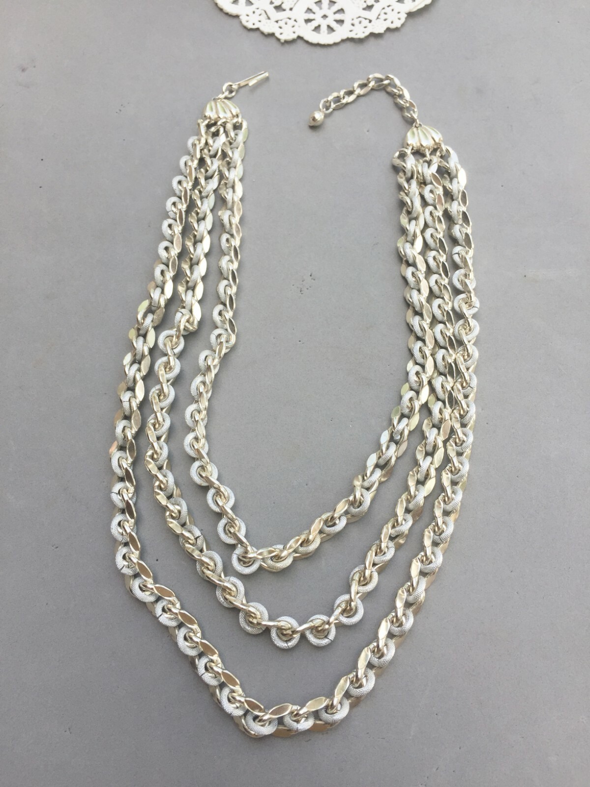West Germany Chain Necklace 3 Strand Graduated Silver… Gem