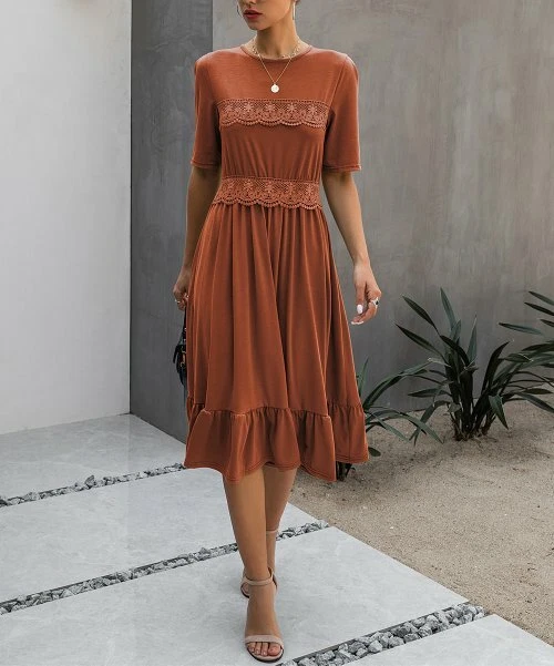 Supreme Fashion Rust Lace Detail Ruffle Hem Midi Dress Size M