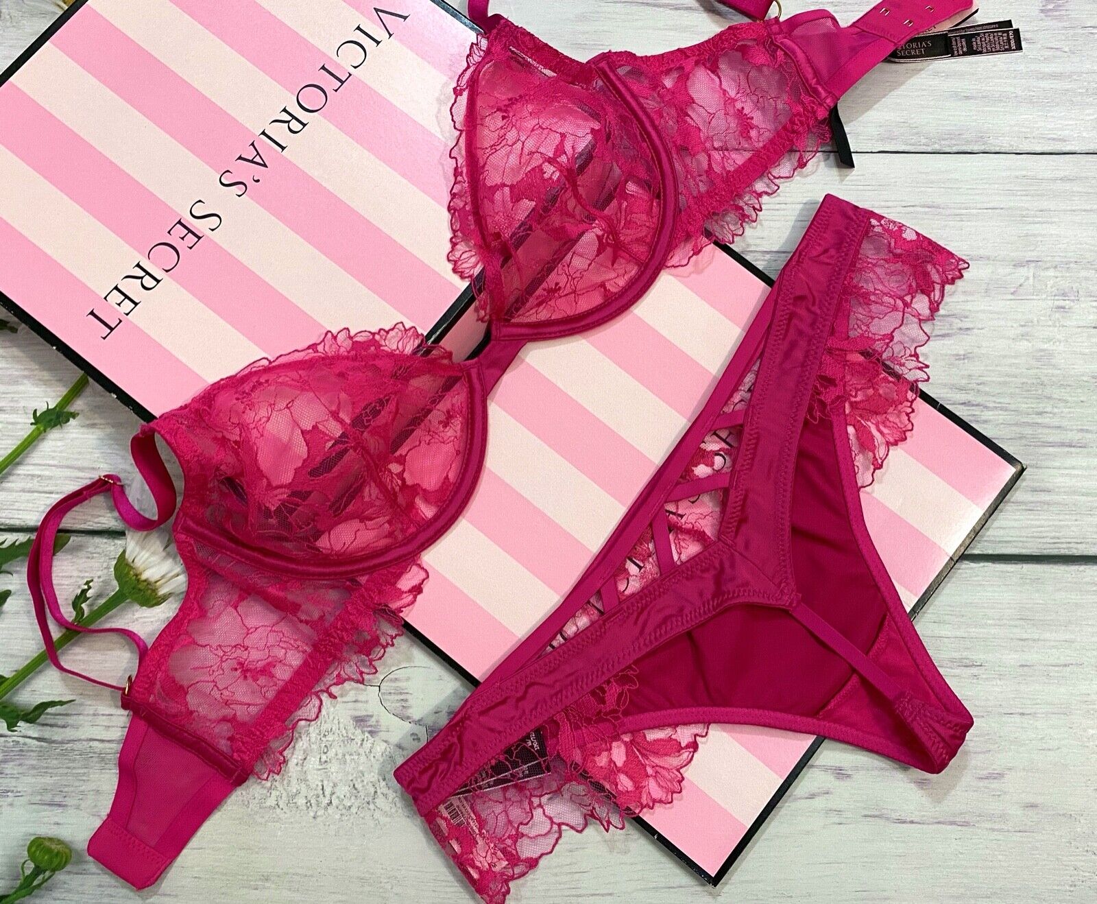 NWT Victorias Secret Luxe Unlined Plunge Bra Thong Set Lace Hot Pink eBay