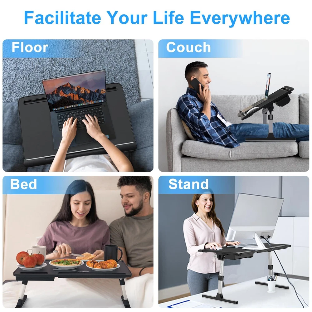 Adjustable Leather Laptop Stand for Bed with Foldable Legs and XL Tray