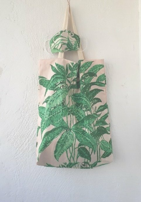 Juego de máscara en fase de algodón con bolso de mano, máscara de tela natural bolsa de compras natural