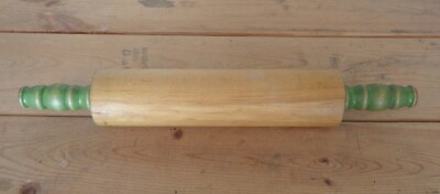 Vintage Wooden Green Hand Turned Handle Rolling Pin 17'' 