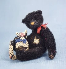 DEB CANHAM  " OLD ADAM" BLACK AGED MOHAIR-MINIATURE -JOINTED-WITH CALICO CAT