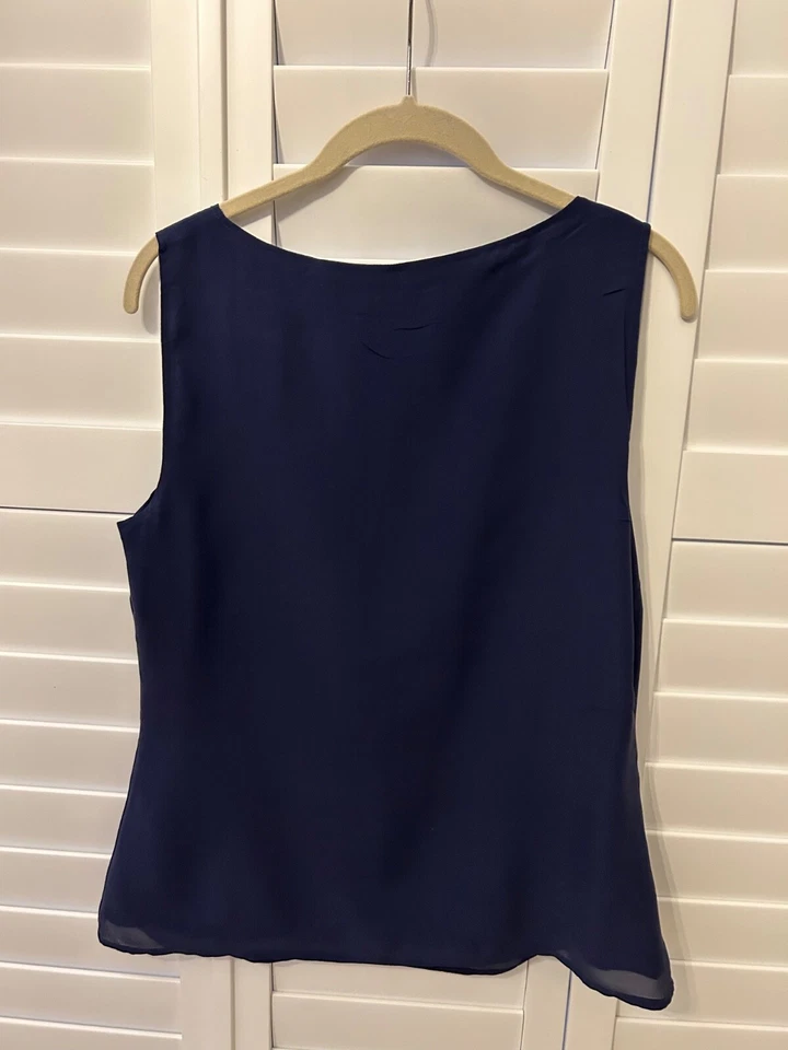 Boden Mujer Azul Marino Doble Capa 100% Seda Top Sin Mangas con Volantes Reino Unido 12 Foto 3 de 4