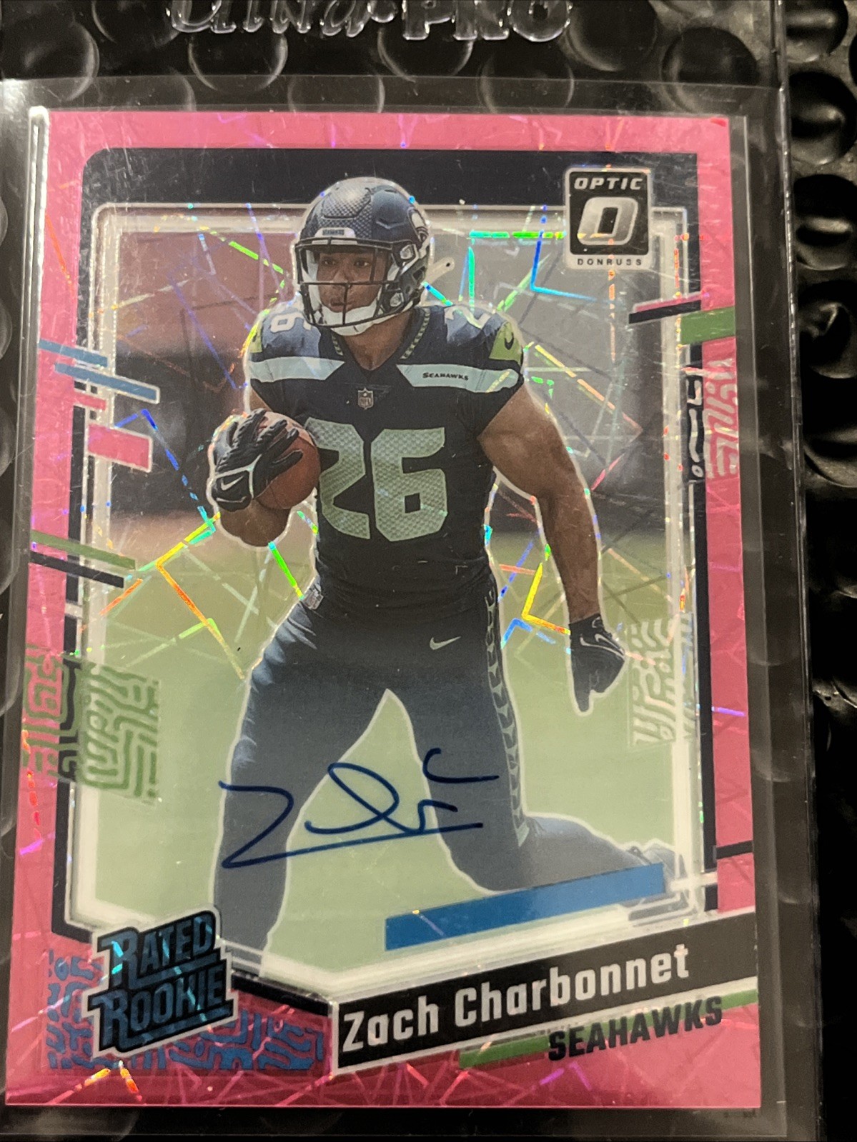 2023 Donruss Optic Zach Charbonnet Rated Rookie Auto Pink Velocity # /50