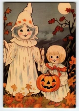 Vintage Halloween Photochrome Postcard Cute Kids & Jack-O-Lantern