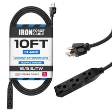 10 Ft Black Extension Cord with 3 Electrical Power Outlets - 16 Gauge SJTW