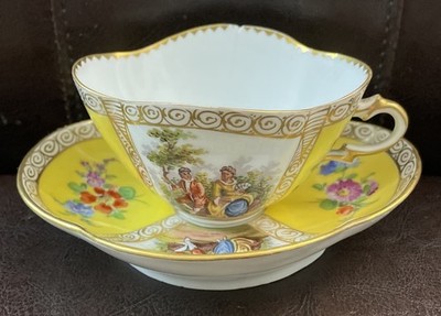 Richard Klemm Antique Dresden Cup & Saucer Yellow Florals Courting Scenes
