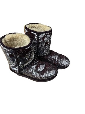 UGG Classic Short Sequin Boots Women s 7US 38 EUR Maroon Stout Silver Sparkle