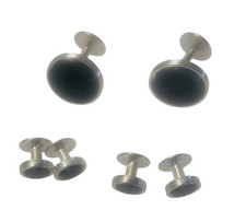 Tuxedo Cufflinks Onyx on Silver Tone with 4 Matching Studs EUC