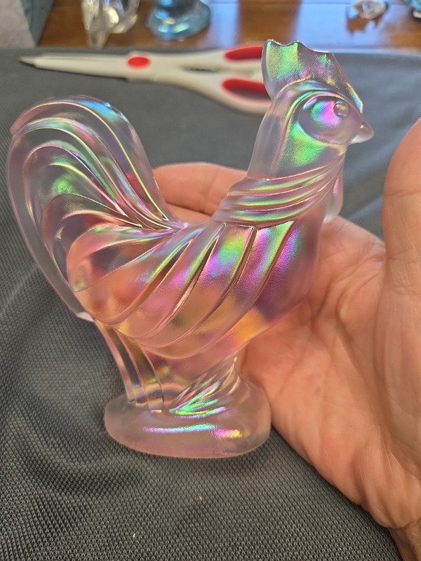 Fenton , Pink Iridescent Glass Rooster