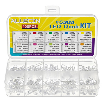 100PCS 5MM LED Diode Light Assortment Kit 10 Colors White Red Green Blue Yellow