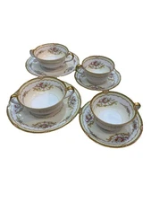 Vtg 8pc Set Noritake Erinus 639 Plates, Cups, Terrine, Gold Edge, Made In Japan
