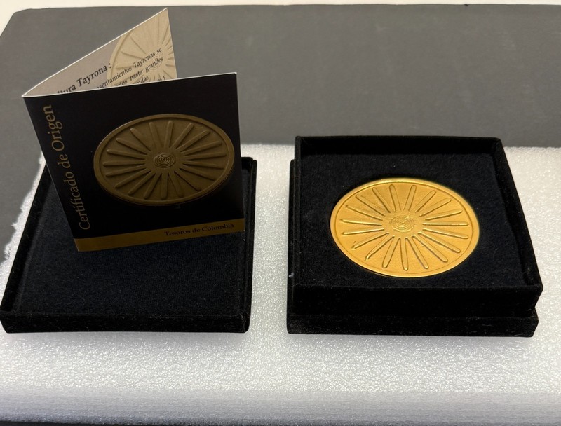 NOS Tequendama 24K gold plate Embossed religious disc symbol Souvenir Columbia