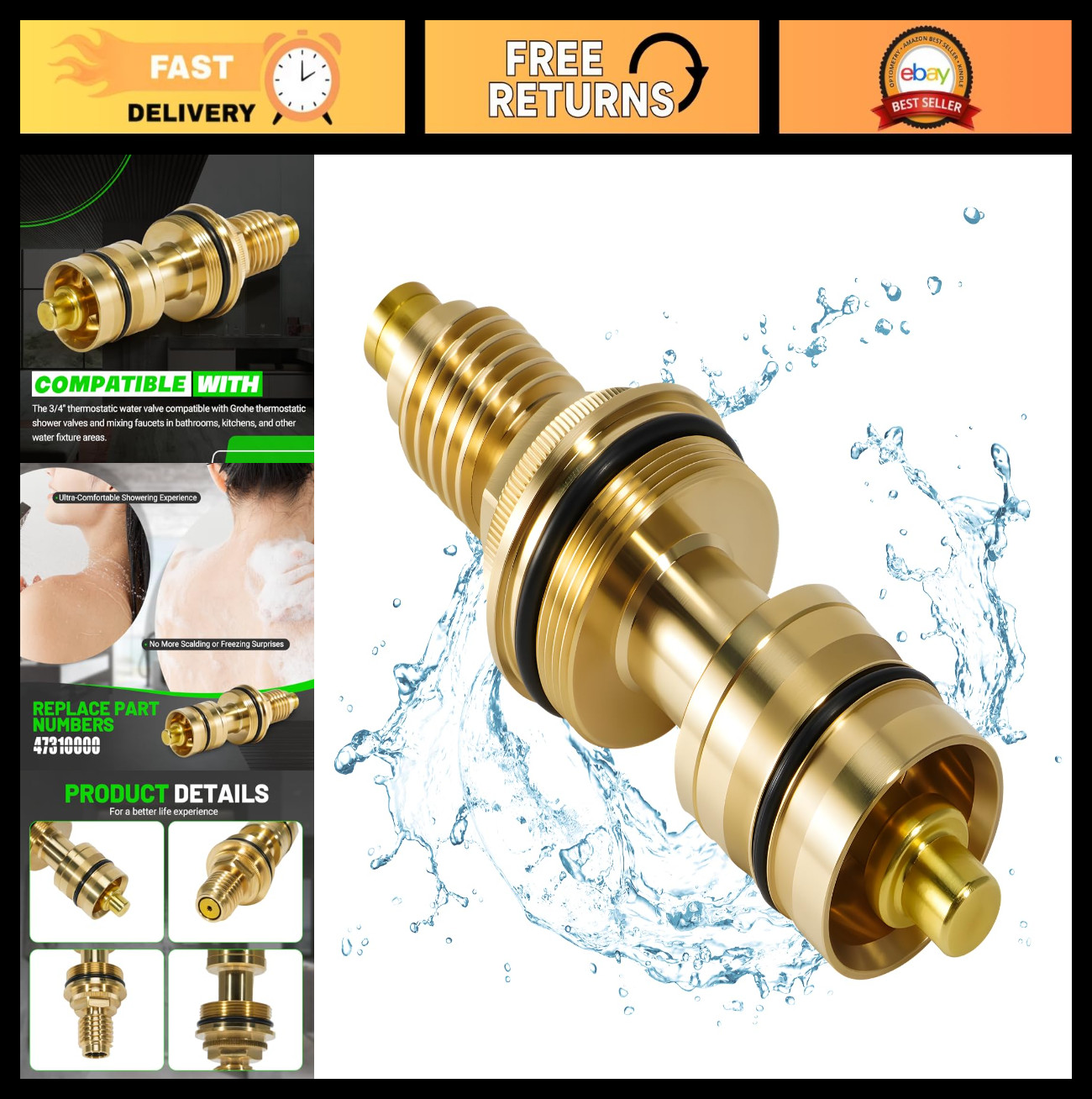 Universal 3/4" Chrome Thermo-Element Brass Cartridge Valve for Grohe Showers - P