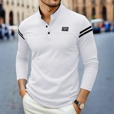 New Men's Casual Fashion Solid Color Long Sleeved Polo Shirt