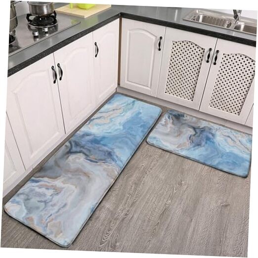 Non-Slip Washable Kitchen Floor Mats with Marble Design
