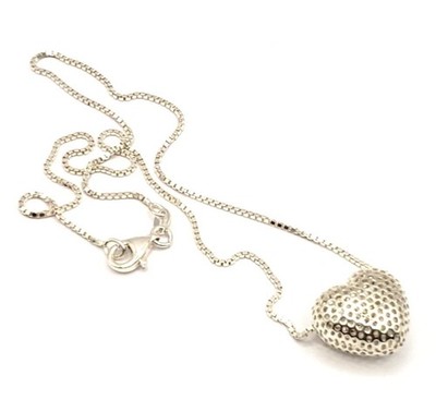 Vintage Puffed Dome Textured Heart Pendant Necklace - Italy 925 Sterling Silver