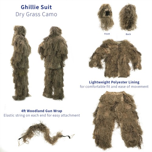 VIVO Ghillie Anzug Erwachsene M/L trockenes Gras Woodland Tarnung, 3D 4-teilig + Tasche - Bild 2 von 8