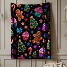 Neon Christmas Cookie Coral Fleece Blanket Holiday Kitchen Decor