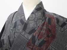 JAPANESE KIMONO TSUMUGI BLACK 158.5cm 5 ft 2 in PURE SILK EE4806