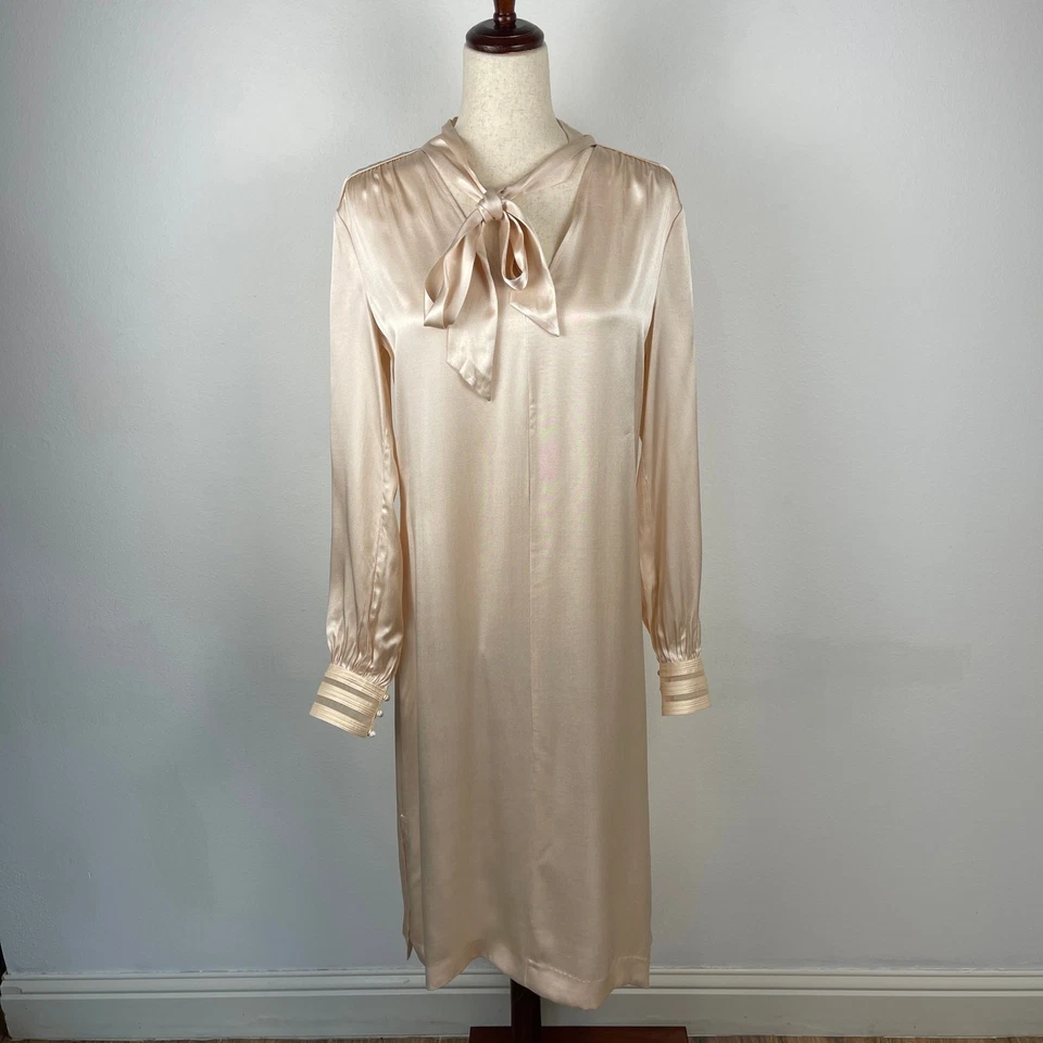 REISS Ray Satin Long Line Midi Shirt Dress Blush Pink Peachy Tie Neck Women's 6 - Image 3 of 4