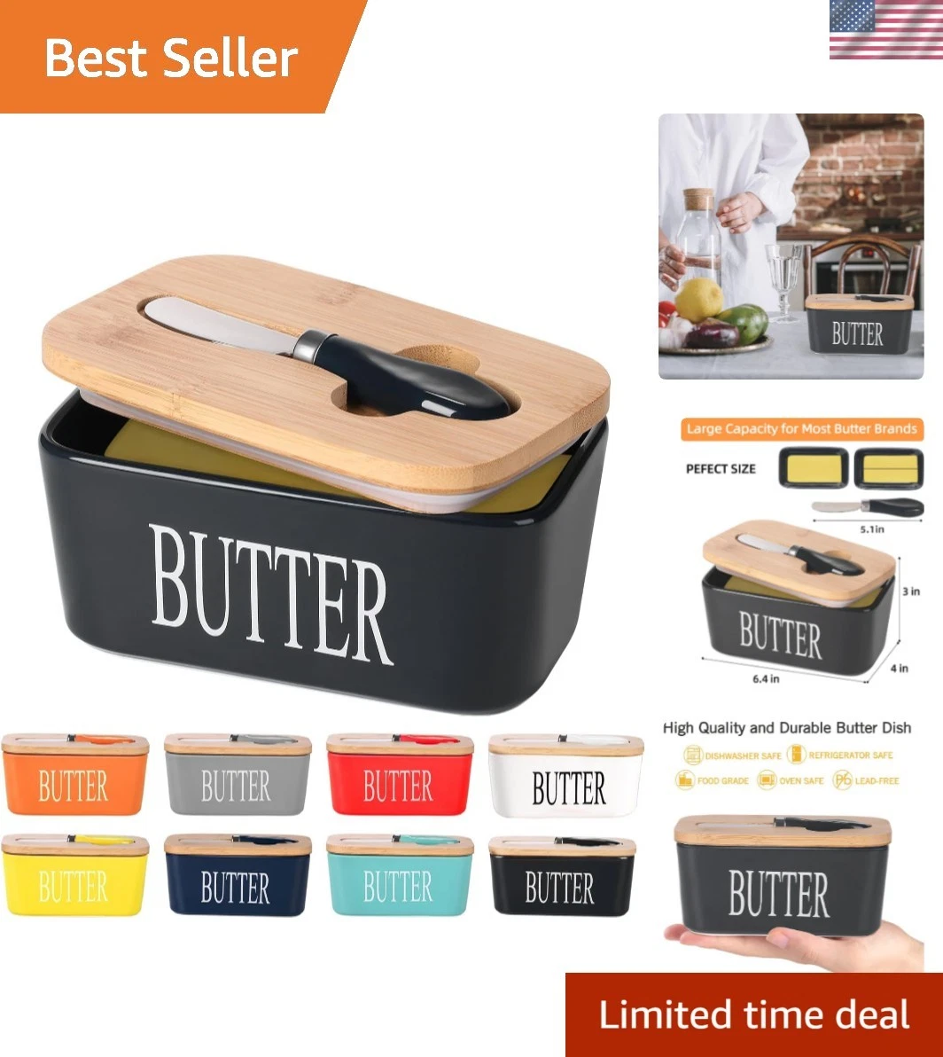 Ceramic Butter Dish with Wooden Lid, Large Butters Container Keeper Storage w...
