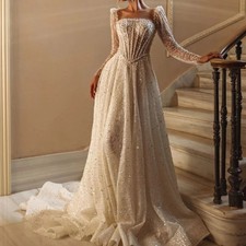 A-line Charming Shiny Pearl Lace Square Wedding Dress Modern Long Sleeved Bride