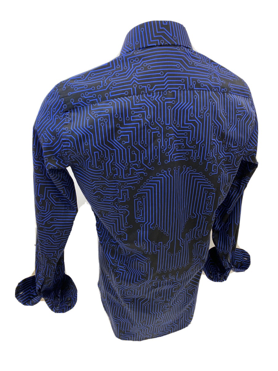 Men STEELO By ENVY Long Sleeve Button Up Dress Shirt BLUE SILKY SKULL  ABSTRACT 5