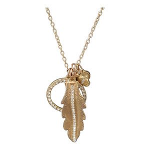 Authentic Vintage Gold Plated Nickel Long Ring & Feather Multi-Charm Pendant Necklace