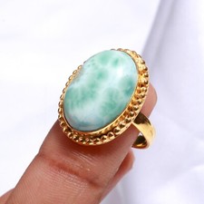 Natural Larimar Oval Shape Bohemian Ring Gold Plated Engagement Jewelry For Her