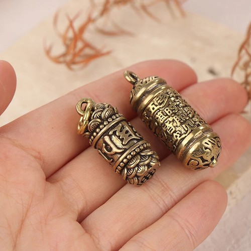 1Pc Hollow Brass Buddha Bottle Sutra Cylinder Pendant Keychain Handmade Vintage - Picture 20 of 24