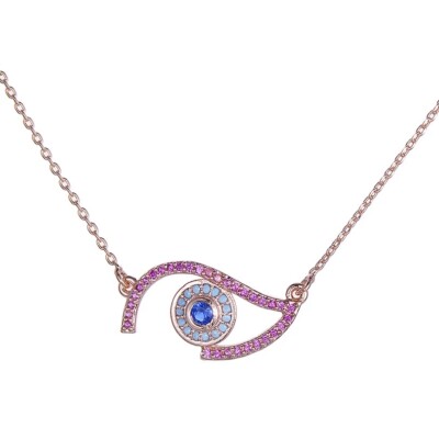 ZARD Evil Eye Shape Pendant with Multicolor CZ Accents and Rose Gold Necklace
