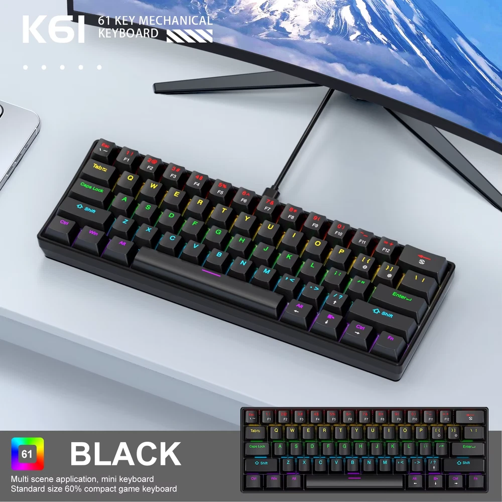 K61 60% Wired Mechanical Keyboard with RGB Backlight in Black or White