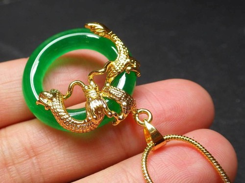 Yellow Gold Plated Dragon Genuine Green Jade Circle Round Pendant Chain Necklace - Picture 3 of 8