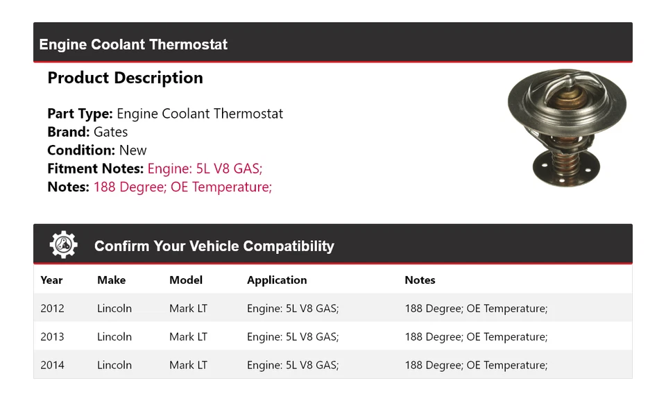 For 2012-2014 Lincoln Mark LT 5L V8 GAS Engine Coolant Thermostat Gates 2013 - Image 2 of 4