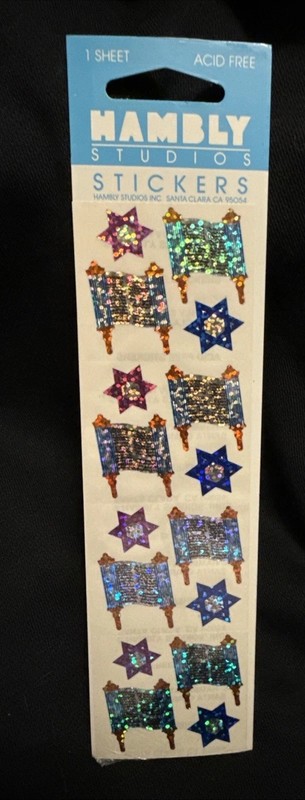 Rare Vintage Hambly Studios prismatic stickers Stars of David and Torah scrolls.
