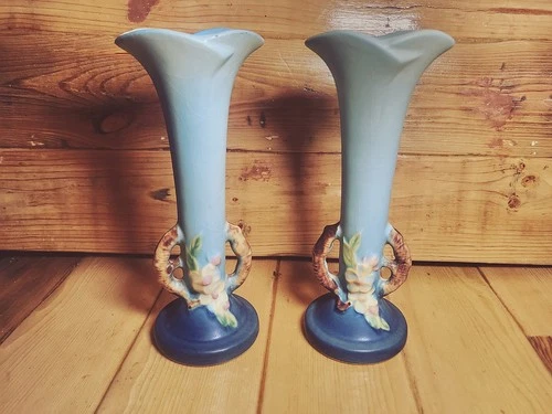 Roseville 379-7 Blue Multicolor Ceramic Art Pottery Vases Pair Flowers Matte
