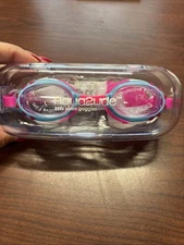 Aqua2ude Kids Swim Goggles Blue White Pink w/ Gems & Protective Case Ages 6+ NWT