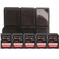 5x SanDisk Extreme 128GB SDXC UHS-I V30 200MB/s Class 10 Memory Card and Holder