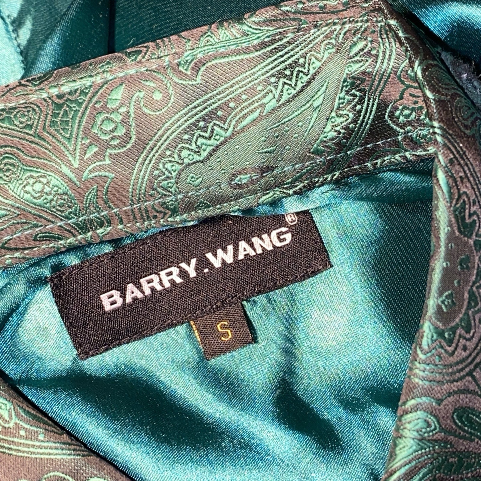 Barry Wang Mens Esmeral Green Silk Satin Dress Shirt Long Sleeve Paisley Cuff(S)
