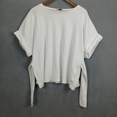 Express Textured T-Shirt Womens Large White Loose Fit Short Cuff Sleeve Side Tie